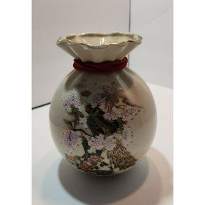 Vtg Beige with Florals Japanese Vase With Red Cord And Tassels and Crazing